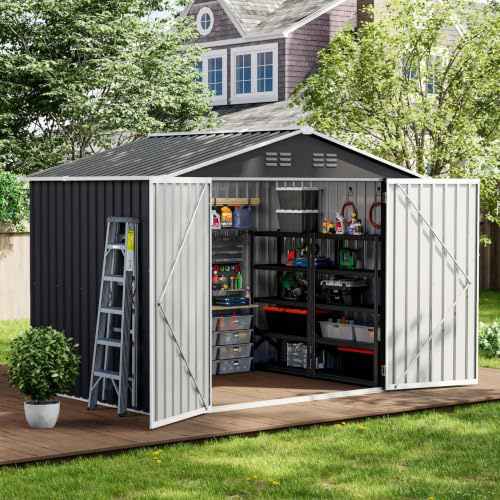 UDPATIO Trädgårdshus i metall med 7 m³, pulttak – 250 x 184 x 193 cm för utomhusbruk, utrustningsskjul, cykelgarage, galvaniserat stål med låsbar dörr för bakgård, mörkgrå