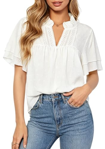 AOOSU Chemisier Élégante pour Femme, Chemisier Femme Chic et Élégante, Col en V, Dentelle Blouse Festonnée à Manches Longues Casual Tops