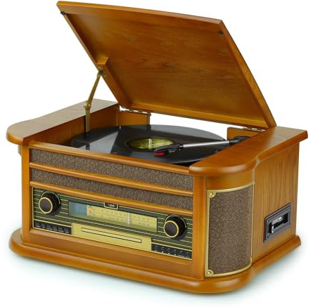 Tocadiscos Retro 10-en-1 con Bluetooth, Reproductor CD/Casete, Radio Am/FM, USB/SD, 3 Velocidades, Altavoces Estéreo Integrados, Entrada AUX & Salida RCA, Mando a Distancia