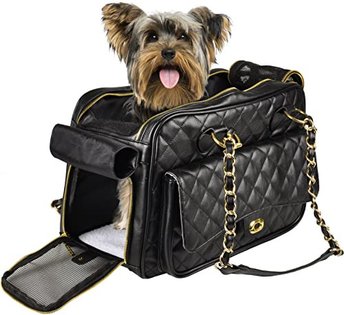 Hundetasche - Tragetasche Gigi Schwarz – 40x22x28cm – Kunstleder – Kissen herausnehmbar – Sicherheitsleine – Tragegriffe – Belüftungsnetz – Standfüße – Außentasche