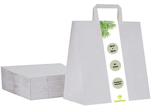 DeinPack Umweltschonende Papier Tragetaschen weiß I Papiertüten Geschenktüten Papiertragetaschen biologisch abbaubar, kompostierbar I 50 x weiß Papier Tüten 26 x 17 x 26 cm