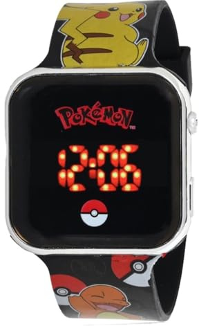 Accutime LED Kinderuhr im Pokémon Design, große digitale LED-Anzeige, verstellbares Armband, lange Batterielaufzeit, Abschaltautomatik, Schwarz