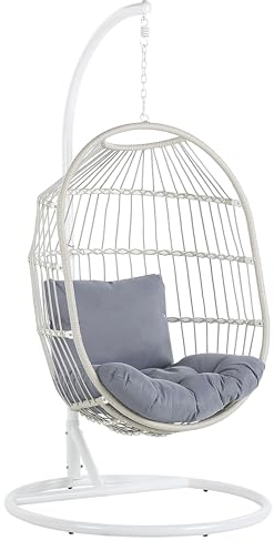 Moderner Hängesessel in Weiß aus Metall/ Rattan/ Flechtseil mit Kissen grau Alba