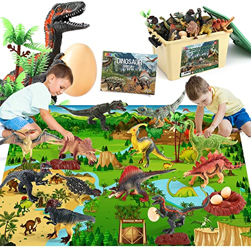 FRUSE Dinosaure Jurassic Jouet avec 145x98cm Tapis,12 Pièces de Figurine de Finosaure Réalistes avec T-Rex,Carnotaurus,Boîte de Rangement,Jouets éducatifs Cadeau pour Enfants 3 4 5 6 Ans