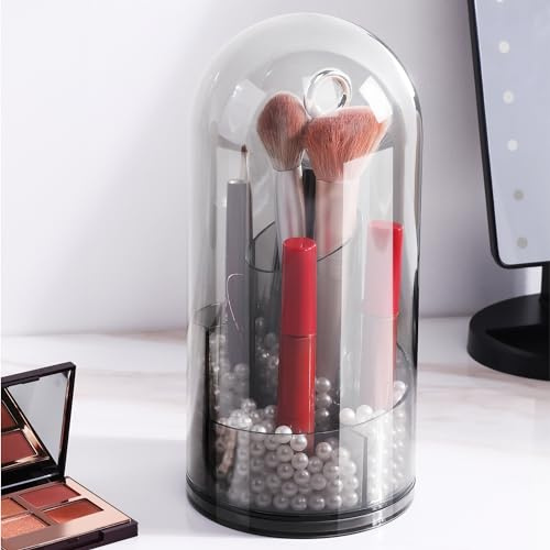 Navaris Organizer Trucchi - Porta Pennelli Make Up con Coperchio - Portapennelli da Trucco Chiuso - Porta Trucchi Rotante - Portatrucchi Organizzatore da Bagno - Grigio Trasparente