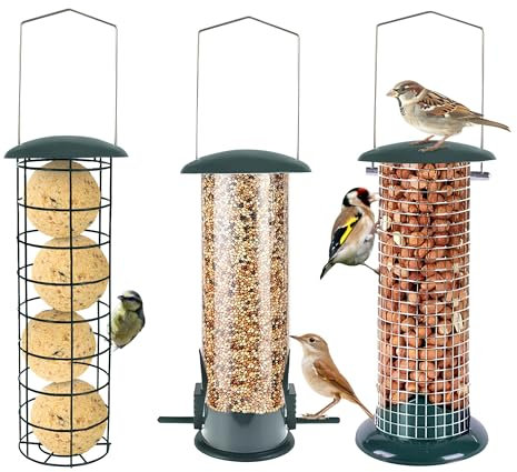 GREEN HAVEN 3er-Pack Vogelfutterstation aus Metall - Rohr, dichtes Netz & grobes Netz - Hängende Vogelfutterspender für kleine Vögel, Eichhörnchen & Ratten Proof Garten Wildvogel-Futterspender Set