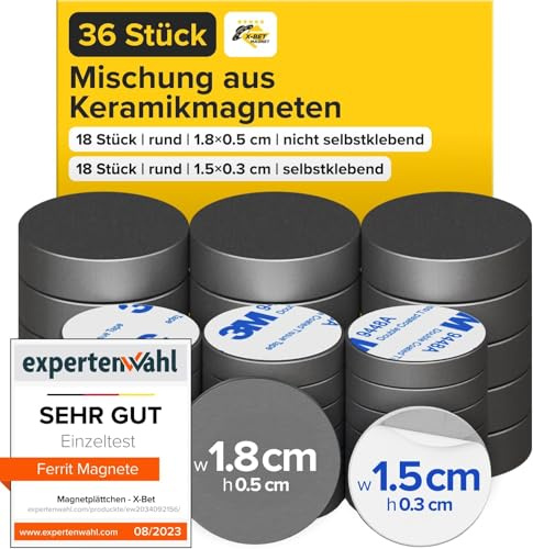 Ultra-Strong Ceramic Round Magnets with Adhesive Backing (2 Sizes Mix, 36 pcs) – Heavy Duty Sticky Magnets, Non-Corrosive, Versatile for Home, Office, Workshop, Whiteboard, Fridge and Hobby Use