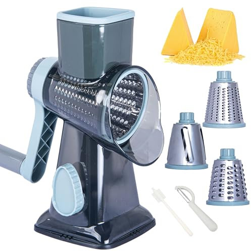 Rotary Cheese Grater Cheese Shredder, Cheese Grater Handheld with Strong Suction Base,Kitchen Vegetable Slicer 3 Replaceable Stainless Drum Blades for Fruit, Food, Nuts,Easy to Use Clean (Blue)