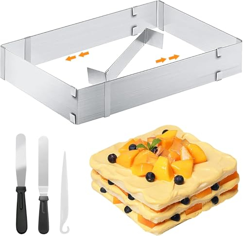 Wvu & Wvo Backrahmen Rechteckig Verstellbar,Edelstahl Backform Rechteckig Tortenring Verstellbarer Tortenrahmen Eckiger Backblech mit Teiler,Spatel,für Kuchen Torten Pizza Backen Party Dekorieren