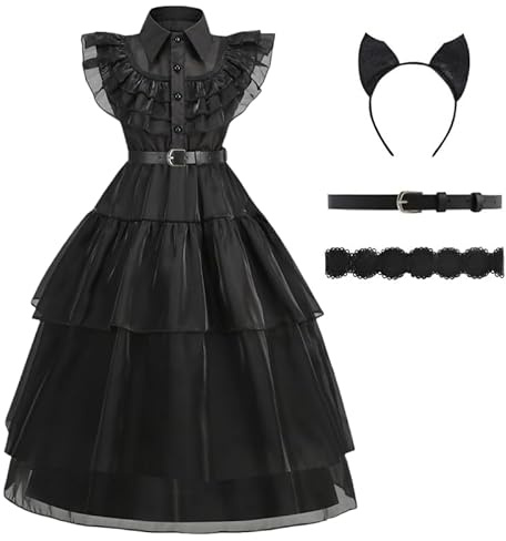 errcom Déguisement Mercredi Enfant | Robe De La Famille Mercredi pour Fille | Mercredi Addams Jupe Longue pour Les Cadeaux De Marchandise Cosplay Noir Addams Halloween Outfit