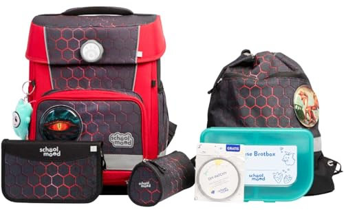SCHOOL-MOOD Champion Pro Mika Drache Schulranzenset 7-teilig 21,5L Stauraum, ergonomisches Easy Fit System für 1 m bis 1,50 m Körpergröße, standfest, wasserdichter Stoff mit Reflektoren