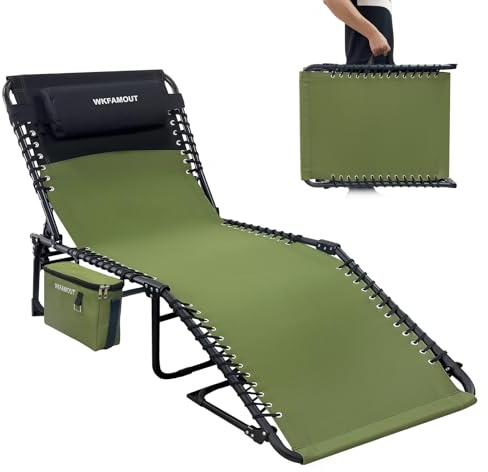 WKFAMOUT Sonnenliege Campingliege Klappbar 5-Stufig Verstellbarer Rückenlehne Outdoor Gartenliege Strandliege Campingbett Klappbett mit Abnehmbaren Kühltasche Kissen 190x59CM Grün