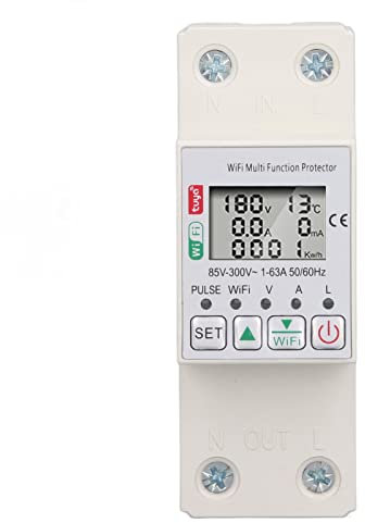 Multi Function Protector, WiFi Smart Power Meter Switch with Metering AC85‑300V 63A Remote Control Current Voltage Amperage Power Meter