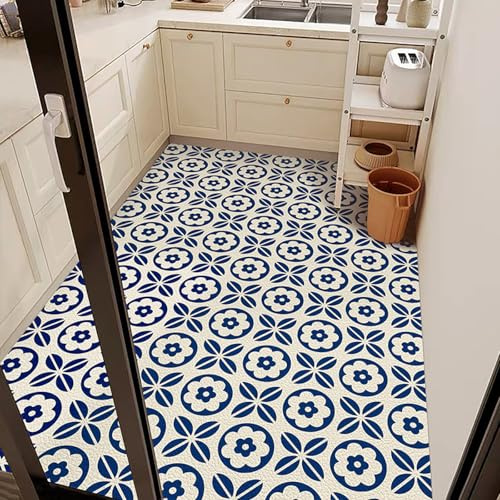 Alfombra Cocina 50X80Cm+50X160Cm Azul Blanca Modernas Lavables Alfombras De Cocina Antideslizantes, Antiincrustante, Duradero,Anti Fatiga para Salón, Dormitorio,Baño, Pasillo