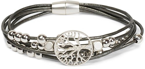 styleBREAKER Armband mit feinen Bändern, Lebensbaum Anhänger und Schmuckperlen, Magnetverschluss, Armschmuck, Schmuck, Damen 05040135, Farbe:Antik-Grau