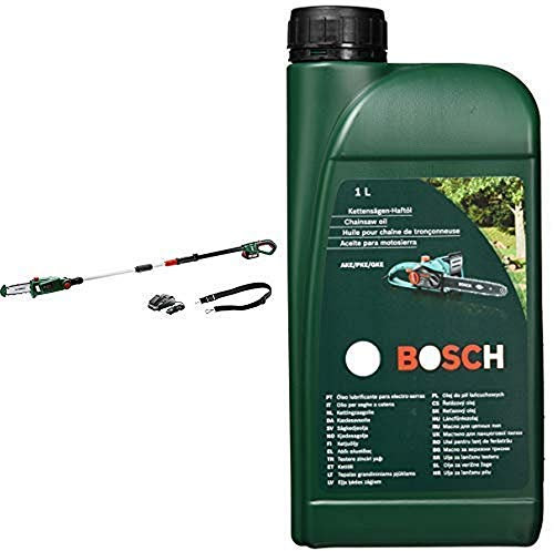 Bosch Home and Garden UniversalChainPole 18 Cordless Telescopic Chainsaw with 18 V Lithium-Ion Battery + Chainsaw Oil for Bosch AKE Chainsaws, Biodegradable, 1 L