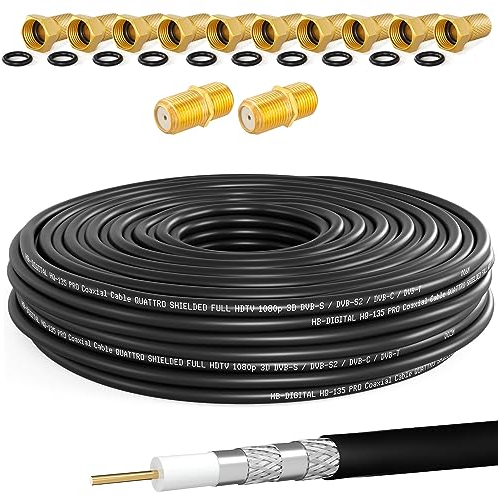 HB-DIGITAL 50m cable coaxial SAT HQ135 PRO incl. 2X conector F + 10x enchufe F dorado GRATUITO | Cable de antena satélite cuádruple apantallado para sistemas DVB-S/S2 DVB-C/C2 DVB-T/T2 DAB+Radio BK