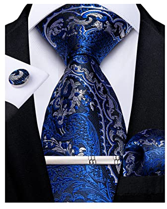 DiBanGu Paisley Ties for Men Silk Necktie and Pocket Square Cufflinks Tie Clip Set Woven Classic Mens Tie for Wedding Party, Royal Blue and Silver
