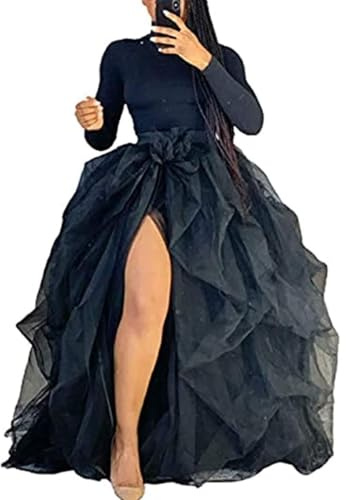 Falda maxi de tul con abertura alta para mujer, falda larga con volantes y encaje de red, longitud hasta el suelo, vestido de noche multicapa, falda para la noche de bodas, Negro , Talla única
