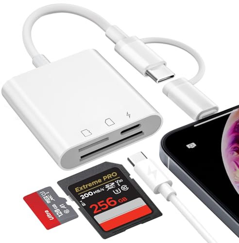 Dual Connectors Dual Slots SD Card Reader for iPhone iPad with Charging USB, Lightning & USB C MicroSD Camera Memory Card Reader for iPhone16/15/14/13/12/11/8/7 Series
