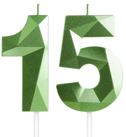 Yiran 15th Birthday Candles, Green Number 15 Candle for Cake, Happy Birthday Candles, Green Cake Topper Decorations for Birthday Party Baby Shower Wedding Anniversary