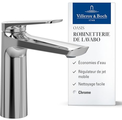 Villeroy & Boch Oasis Waschtischarmatur ohne Zugstange - Waschbeckenarmatur wassersparend mit Keramikkartusche - Wasserhahn Bad für Waschbecken - Auslaufhöhe 114mm - Badarmatur rund in Chrom