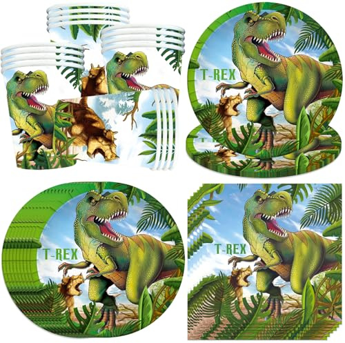 pekifaves Vajilla de Cumpleaños de Dino, para 16 personas, incluye platos, vasos, servilletas de dinosaurio