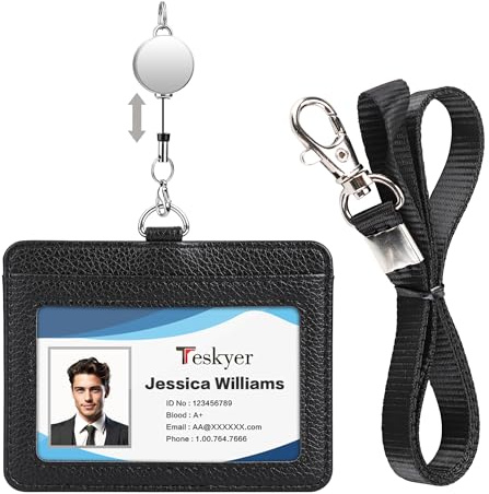 Teskyer Retractable Lanyard with ID Badge Holder - Faux Leather, Holds 2 Cards, Oyster & Bus Pass Holder, Horizontal, Nylon Lanyard (Black)