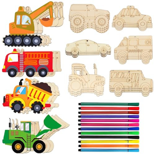 lomdung 30 Pièces Décoration Automobile en Bois avec 12 Stylos de Couleur, Automobile Bricolage Bois de Kit, Décoration de Peinture sur Boi, Bricolage avec du Boi pour les Enfants
