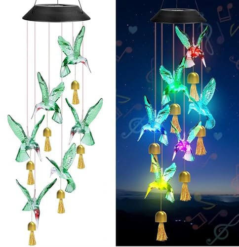 YZYOE Carino Colibrì solare vento campana luce decorativa,Animale vento campane con campane, Un regalo per gli amici con luci decorative all'aperto colorate a LED mobili.