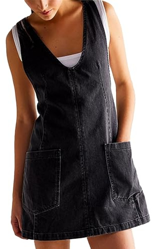 Vestido vaquero para mujer, de verano, holgado, informal, sin mangas, con tirantes ajustables, pantalones cortos, mono, falda con bolsillos