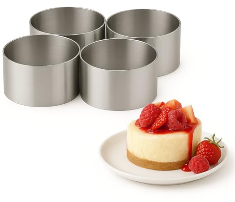 Food Presentation Rings – Set of 4 Stainless Steel Mousse Cake Rings – Oven & Dishwasher Safe – Cookie & Pastry Cutters for Desserts (50 x 40mm)