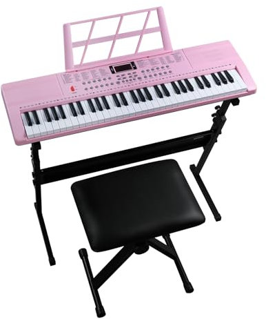 LEADZM Keyboard Piano 61 Tasten, Digital Piano mit Keyboardständer, Klavierbank, Notenständer, Kopfhörer, Mikrofon, LED-Bildschirm, 3 Lernmodi für Anfänger (Rosa)