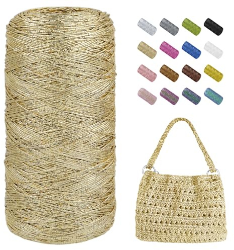 Uiopa Metallic Macrame Cord 1mm x 480m, Champagne Gold Glitter Yarn for Crocheting Bags, Polyester Cord Sparkle Macrame Yarn for Crocheting Pendants, Home Decor, DIY Crafts