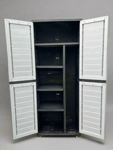 Garden Store Direct Plastic Utility Cabinets With 2 or 4 Shelves, 01-811 Black and Silver, Heavy Duty, Weatherproof, Lockable, No tools needed! (6ft Cabinet with Side Partition & 4 Shelves)