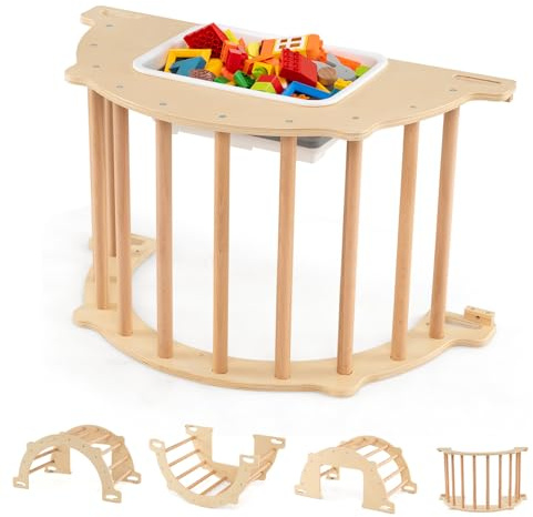 COSTWAY Toddler Climbing Frame, Montessori Sensory Arch Climber, Wooden Rocker Play Gym for Boys Girls 3+ Years Old (Medium)