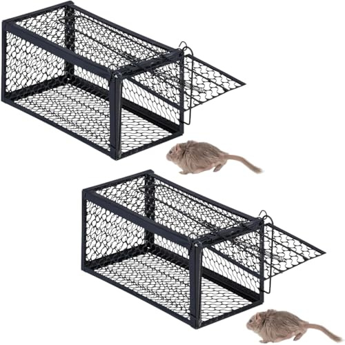 Pack 2 Trampas para Ratas y Ratones Vivos, Ratoneras no Letales, Jaulas Atrapa Ratas 12 x 24 x 11,5 cm, Metal Esmaltado en Negro.