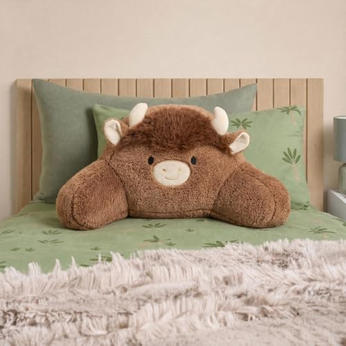 OHS Highland Cow Cuddle Cushion Gift for Kids Bed Chair Pillow, Brown | Soft Fleece Support Reading Pillow Ideal for Gaming Watching TV On Bed Or Sofa