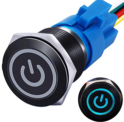 mxuteuk 19mm interruttore a pulsante 1 NO 1 NC SPDT ON/OFF guscio in metallo nero, con luce blu simbolo di alimentazione 12v, presa con filo