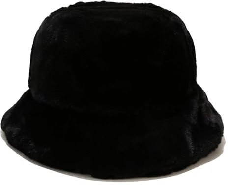 Umeepar Winter Faux Fur Bucket Hat Fluffy Warm Hat for Women Men (Black)