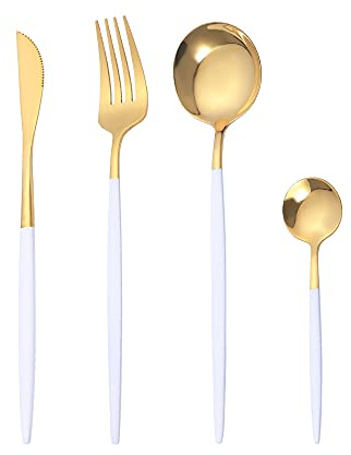 Set di 8 posate in acciaio inox, bianco e oro, per 2 persone – coltello/forchetta/cucchiaio/cucchiaino (platino)