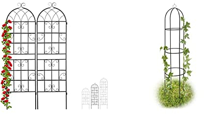 Relaxdays Rankgitter Metall, 2er Set, zum Stecken, Rankhilfe für Kletterpflanzen, 180x 50 cm & Rankobelisk beschichtetes Metall 190 cm, witterungsbeständige Garten Rankhilfe für Rosen und Blumen, grün