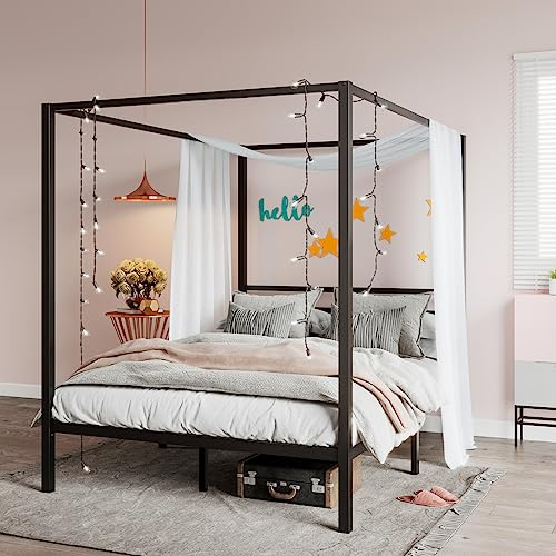 SHA CERLIN Canopy Bed Frame Full Size/Mattress Foundation with Metal Slats Support/No Box Spring Needed/Easy Assembly/Black