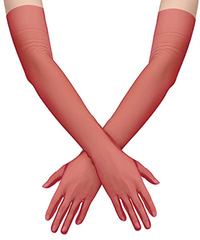 Långa Handskar för Kvinnor, Stretchig Armbågslängd 70cm Genomskinliga Långa Tyll Handskar Näthandskar för Kostym Halloween Cosplay Opera Bröllop Bröllopsdusch Bal (Röd)