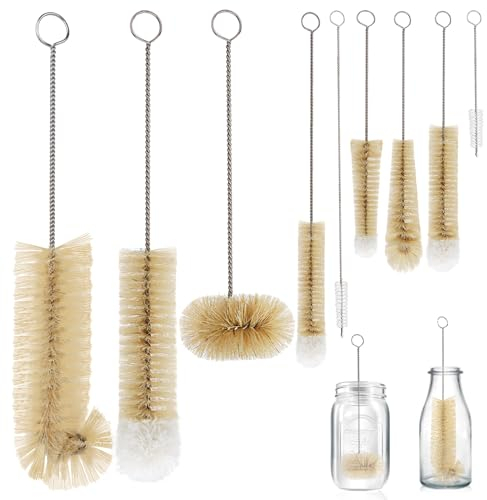 MASTERTOP Flaschenbürste Set,9-Teiliges Lang Flaschenbürsten Reinigungsbürste mit Flauschiger Pomponkopf, Flaschenputzer Flaschenreiniger Bürste für Strohhalm, Milchflasche, Weinglas, Dekanter