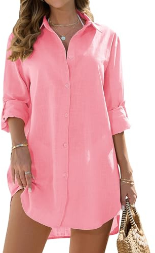 RITOSTA Vestido Playa Mujer con Botones Camisa Suelta Camisolas y Pareos Vestido Corto de Verano Cubierta Traje de Baño Bikini Cover up Traje de Playa Blusa Pareos Mangas Ajustables (Rosa,S)
