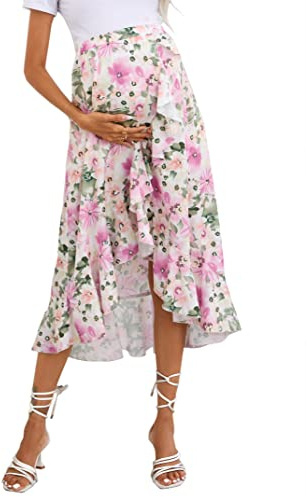 FUNJULY Maternity Skirt Womens Swing Skirt Maternity Outfits Pregnancy Skirt Long Beach Skirt Maternity Dress for Photoshoot IR-PurpleflowerM