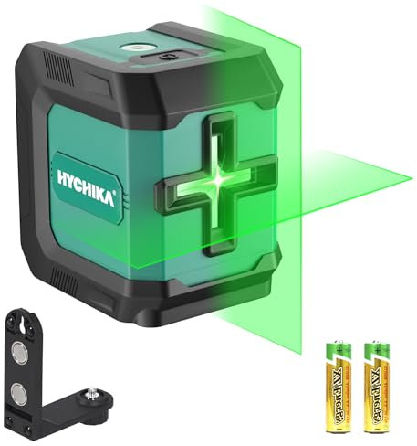 HYCHIKA Laser Level 15 M, Horizontal and Vertical Cross Line Laser, Green Laser Spirit Level 3 Levels of Brightness Adjustment, Magnetic Bracket and Batteries, for Decoration, DIY