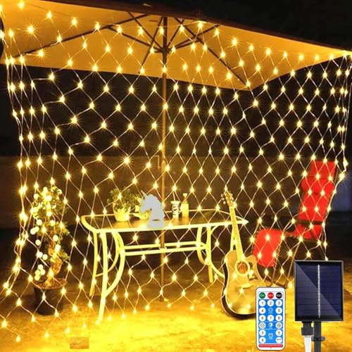 SUAVER 96LED Filet Lumineux Solaire Guirlande Lumineuse, Filet Solaire Guirlandes avec Télécommande Illumination de Noël Jardin Imperméable Rideau Lumineux Solaire Décoration (Blanc chaud,1.5x1.5M)
