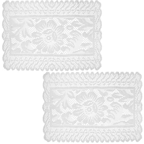White Lace Table Runner, 2 Pcs 18.1x12.6in /46cmx32cm Washable Rectangle Lace Placemats Reusable Peony Pattern Doilies for Tables Wedding Tea Party Decor Kitchen